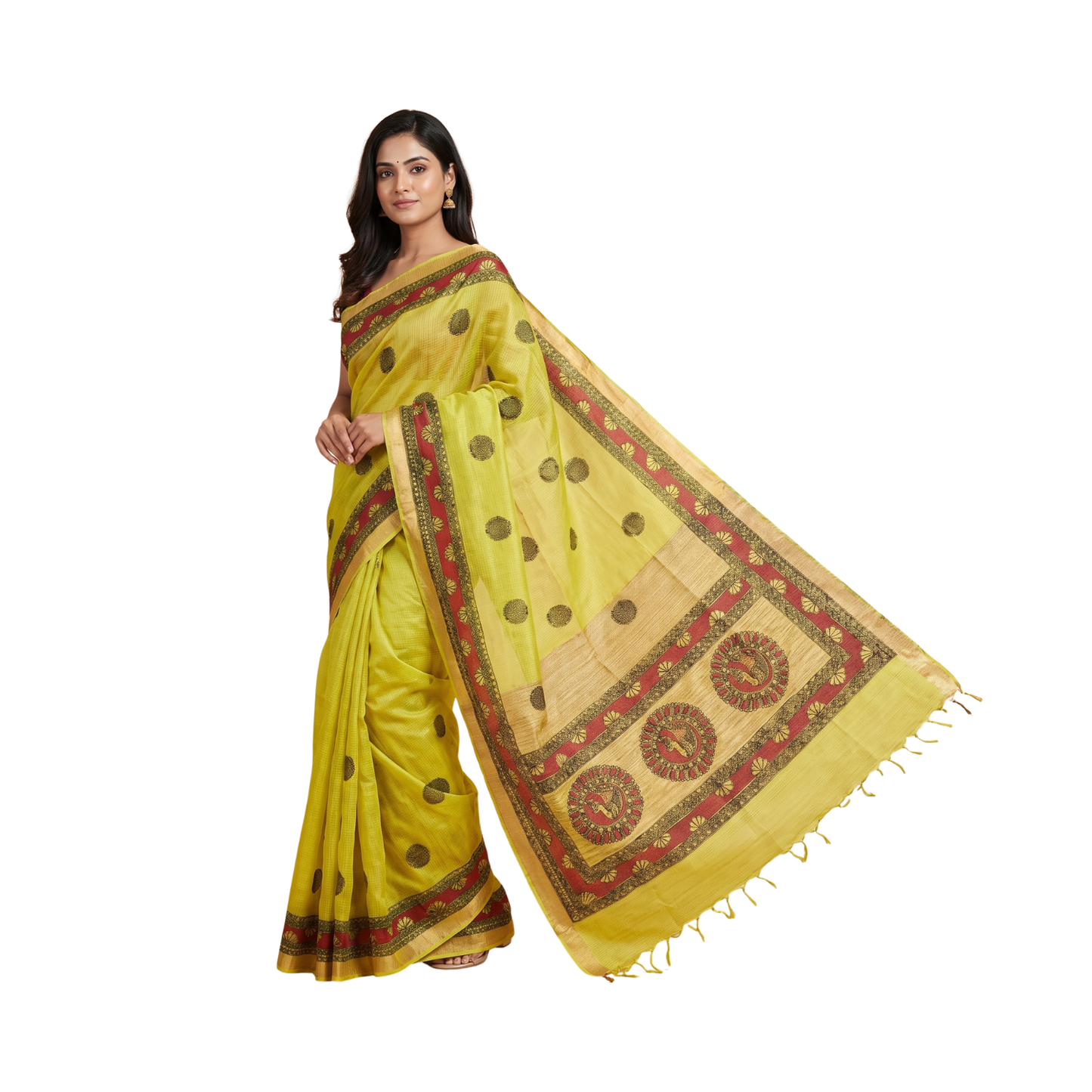 Lemon Green Handmade Madhubani Painting Saree for Women