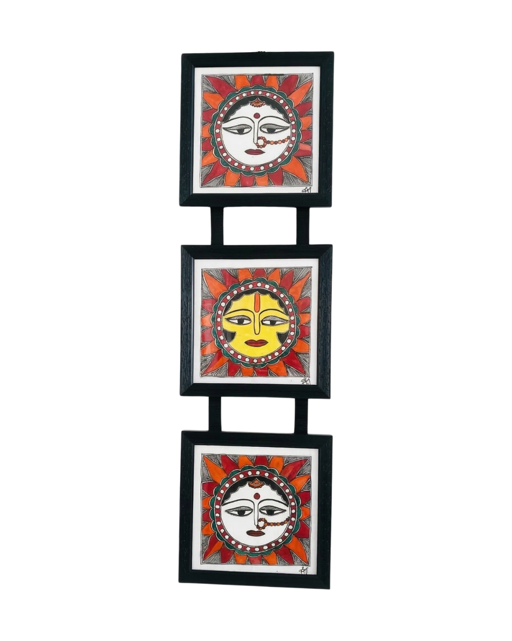 Sun Madhubani Triple Frame Wall Hanging – Handmade Mithila Art Decor