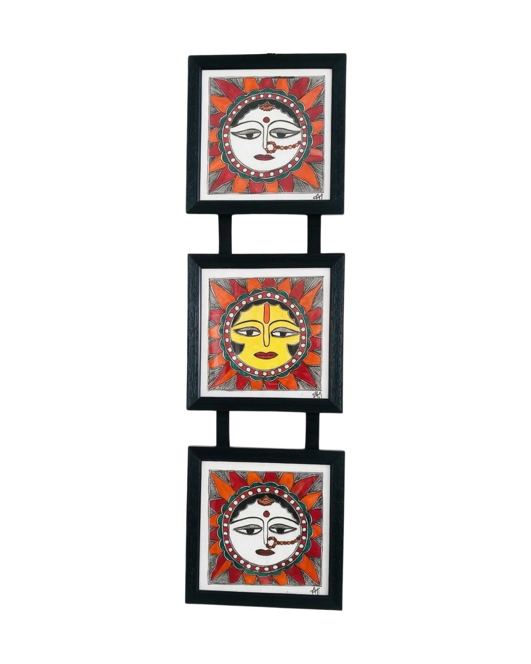 Sun Madhubani Triple Frame Wall Hanging – Handmade Mithila Art Decor