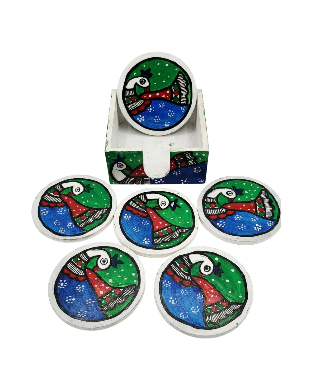 Handmade Peacock Design Coaster Set with Stand | Madhubani Painting Tea Coasters Set of 6