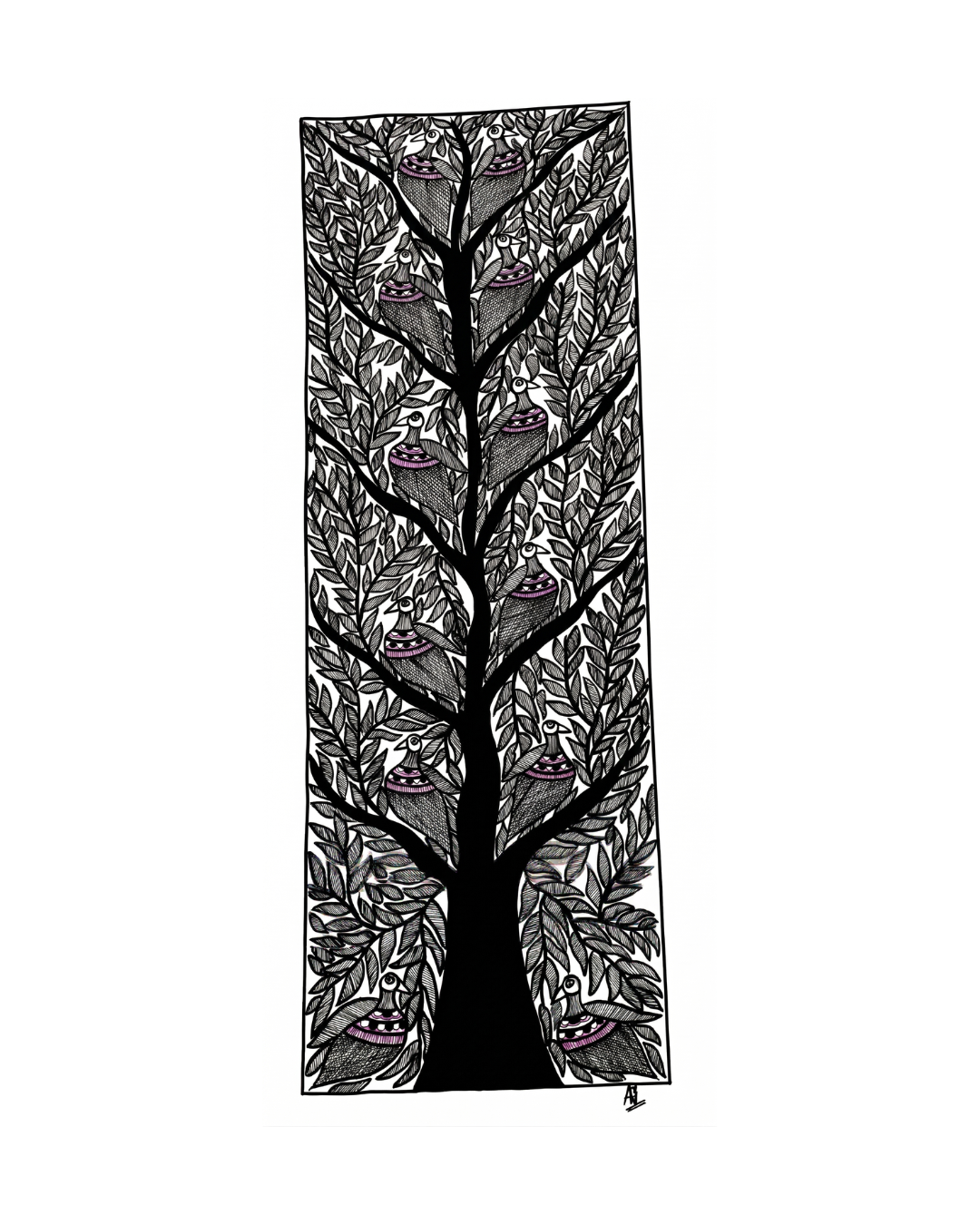 Black & White Tree of Life Madhubani Painting | Handmade Art