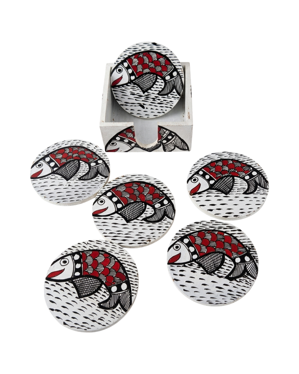 Handmade Fish Design Coaster Set with Stand | Madhubani Painting Tea Coasters Set of 6