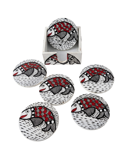 Handmade Fish Design Madhubani Coaster Set with Stand