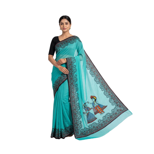Turquoise Blue Handmade Madhubani Painting Saree