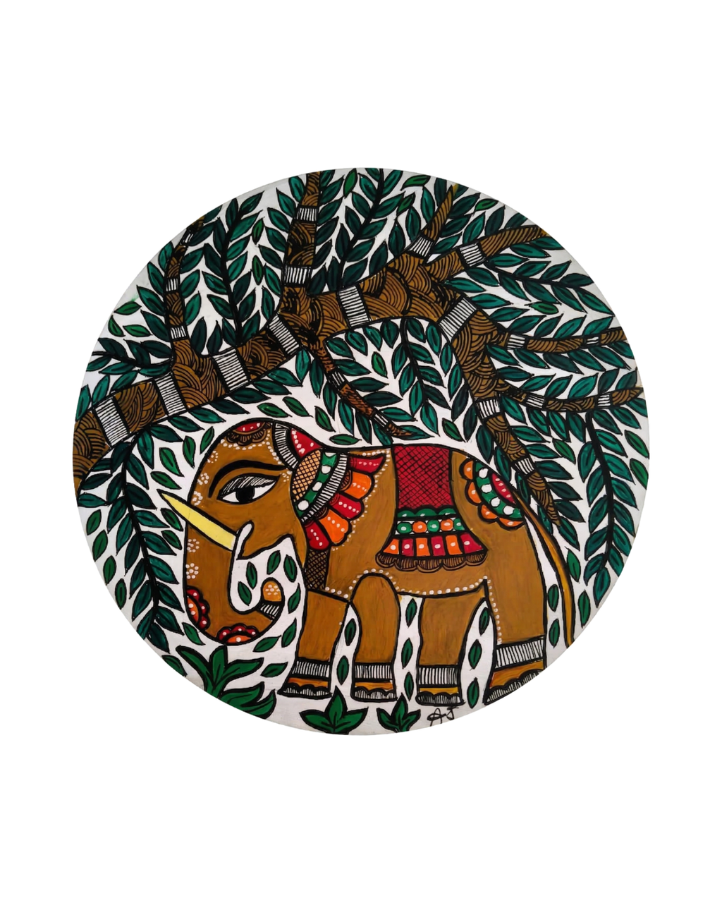 Royal Elephant & Sacred Tree Madhubani Wall Art | 12 Inch MDF Board