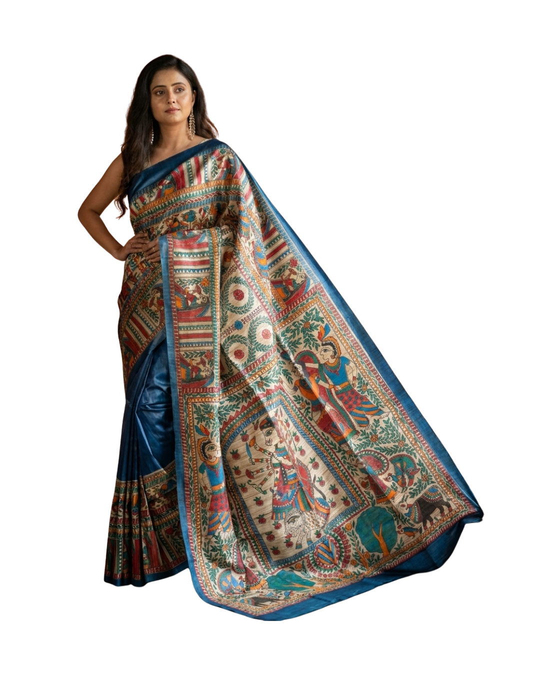 Blue Handmade Madhubani Painting  Saree with Blouse