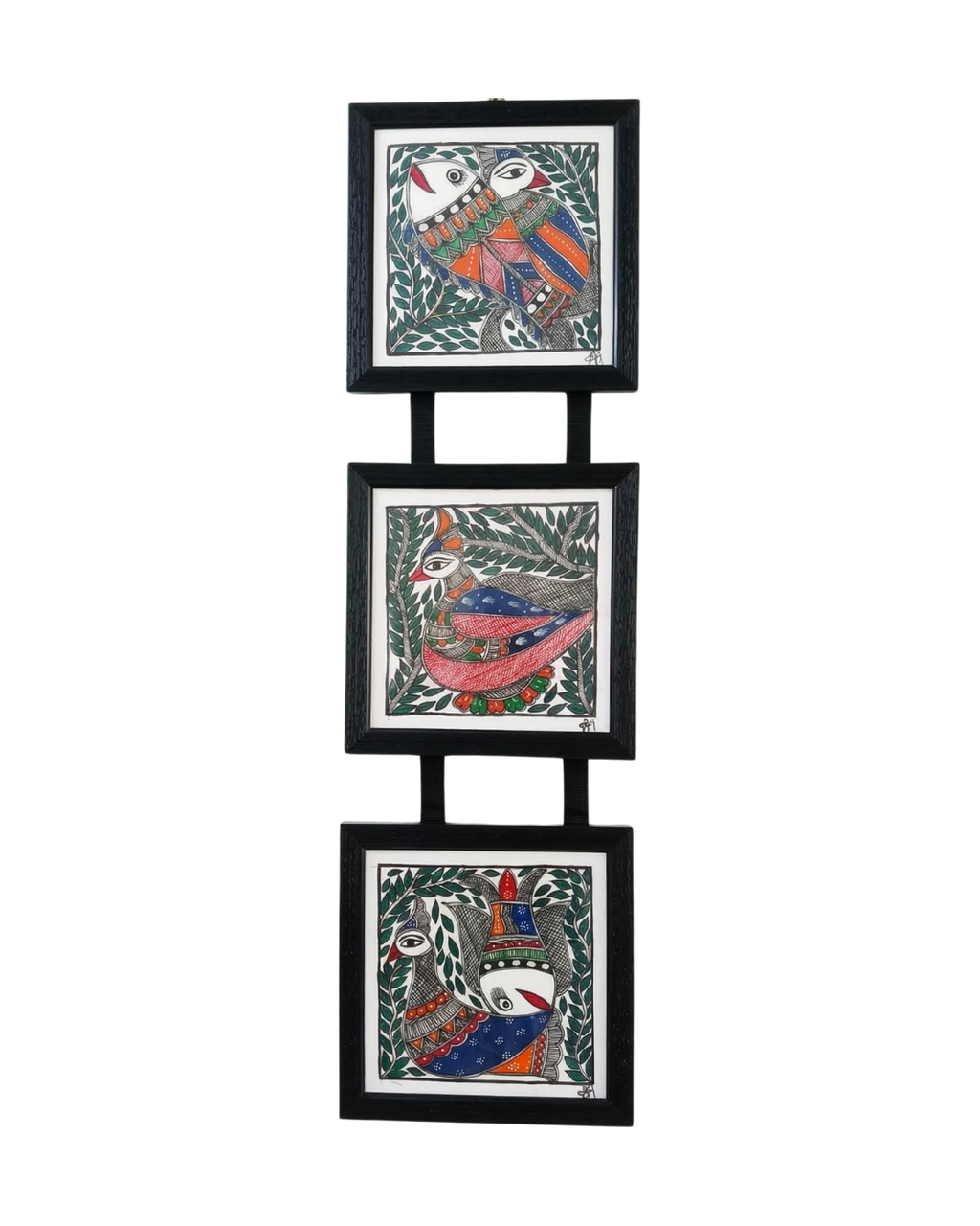 Fish & Peacock Madhubani Triple Frame Wall Hanging – Handmade Decor