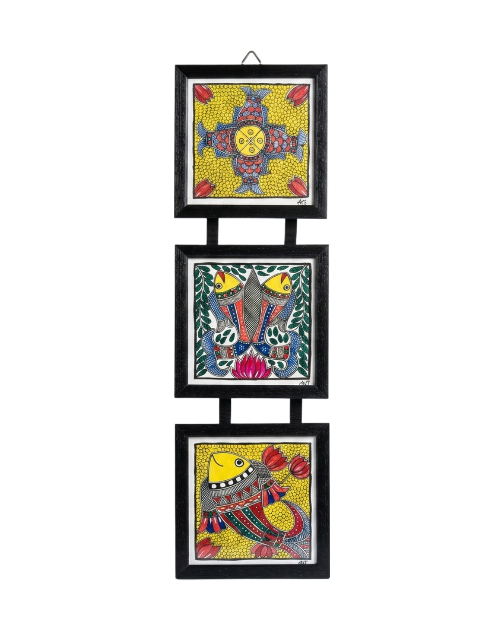 Handmade Fish Madhubani Painting Triple Frame Wall Hanging  – Traditional Mithila Art Decor