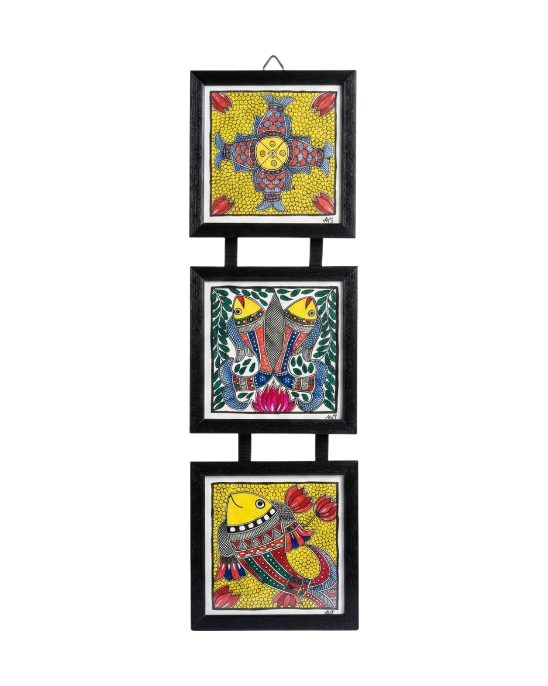 Handmade Fish Madhubani Painting Triple Frame Wall Hanging  – Traditional Mithila Art Decor