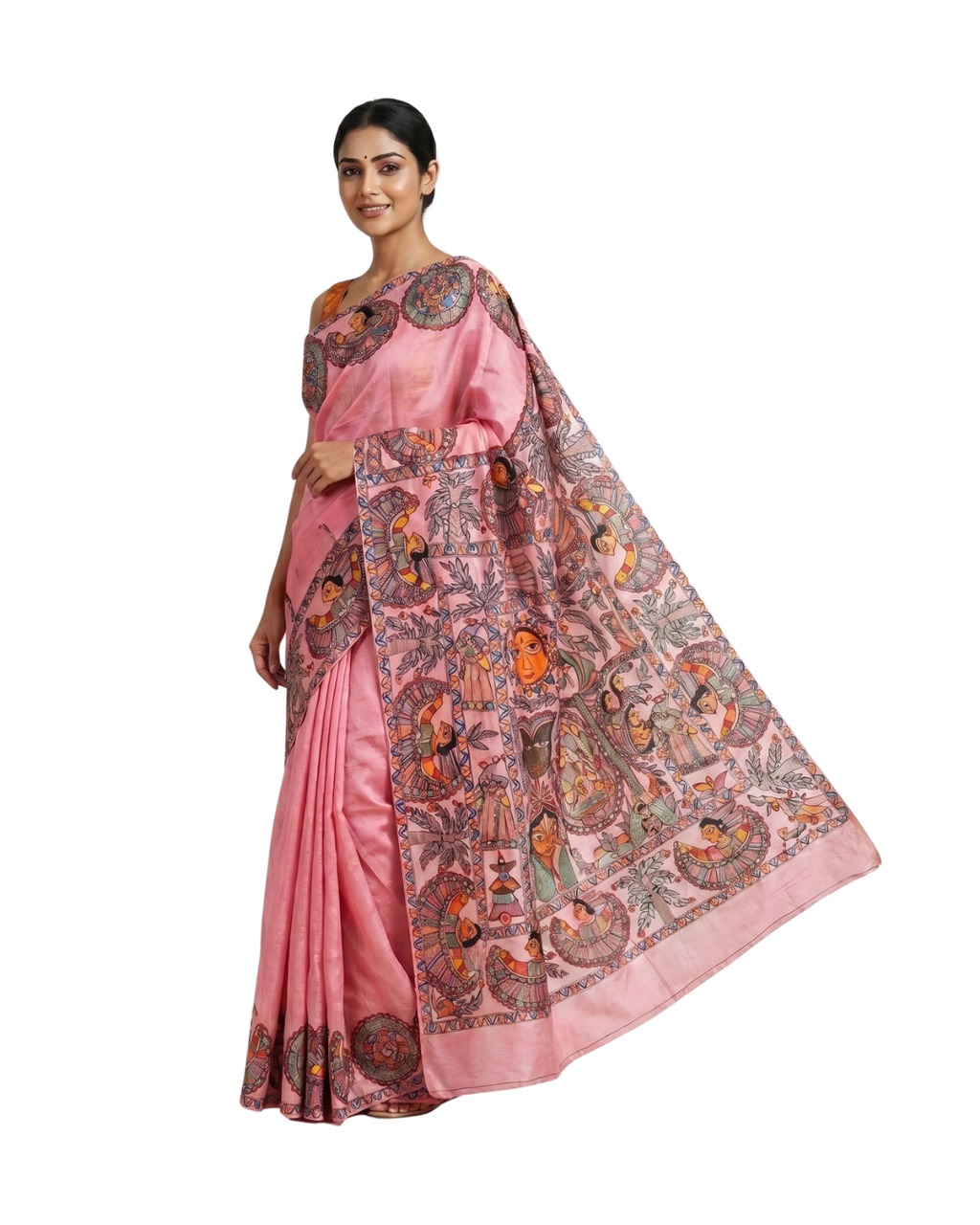 Baby Pink Handmade Madhubani Painting Saree with Blouse