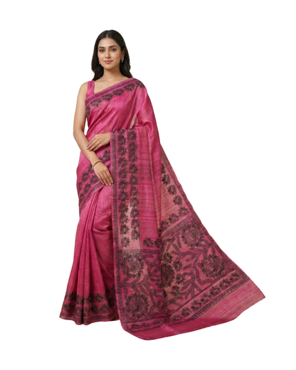Rani Pink Handmade Madhubani Painting Saree for Women