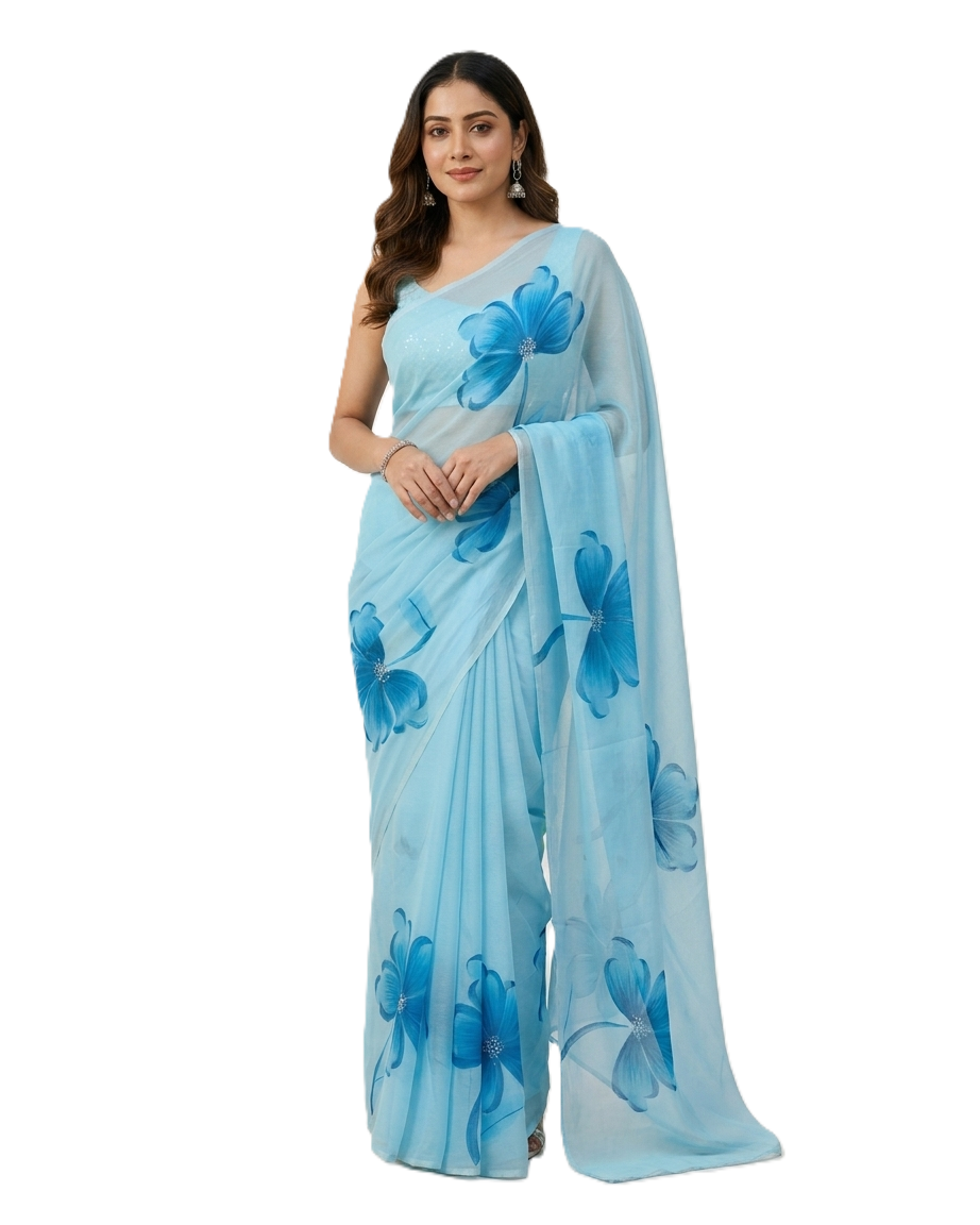 Sky Blue Floral Handmade Madhubani Painting Saree with Blouse – Handcrafted Mithila Art