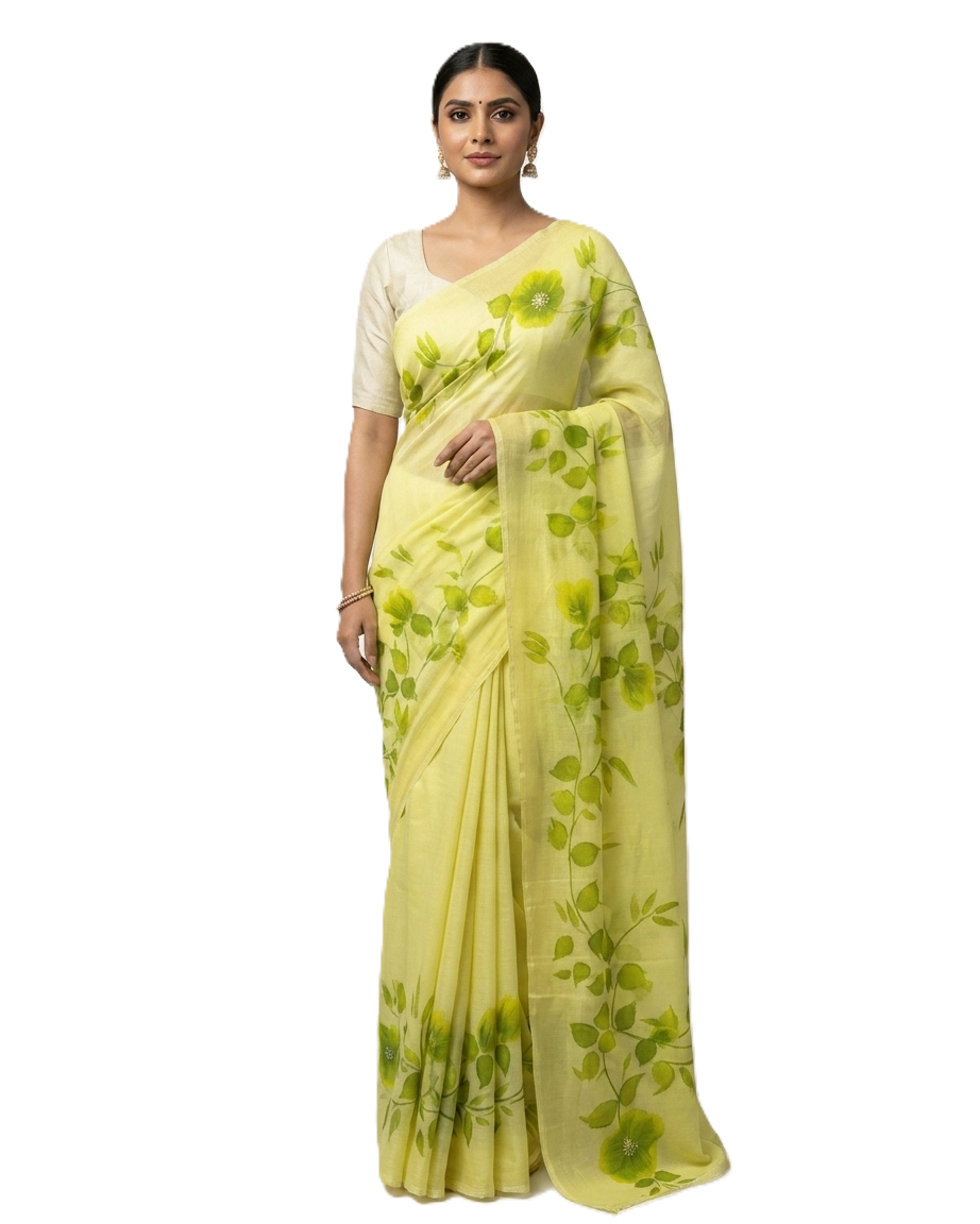 Light Green Floral Handmade Madhubani Painting Saree with Blouse – Handcrafted Mithila Art Saree for Women