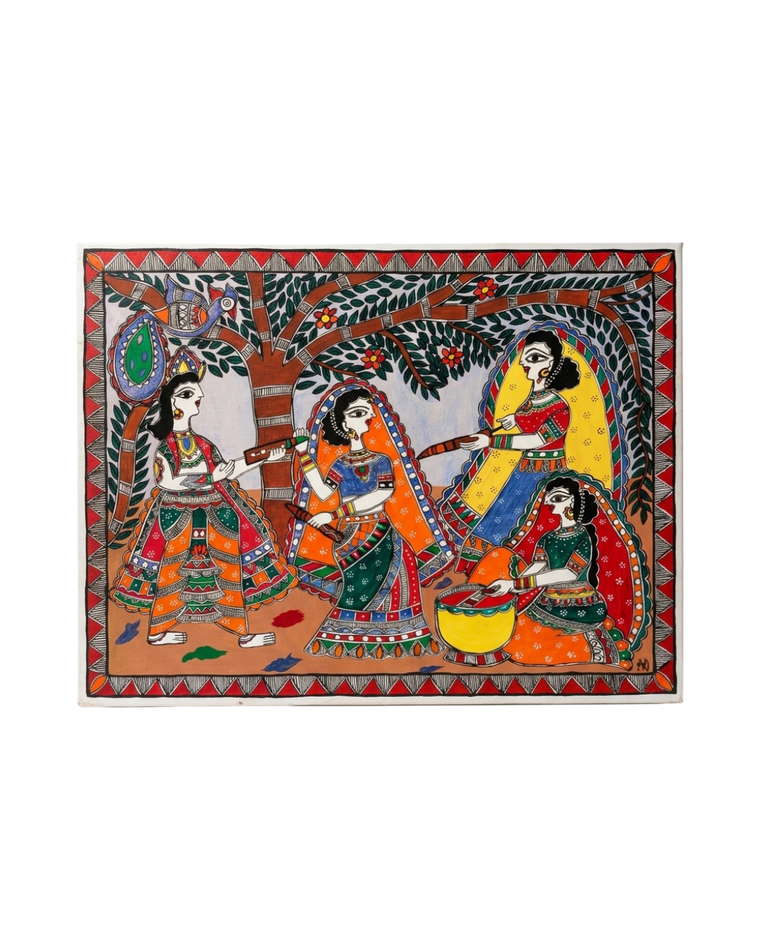 Krishna & Radha Holi Festival Madhubani Painting - Handmade Wall Art