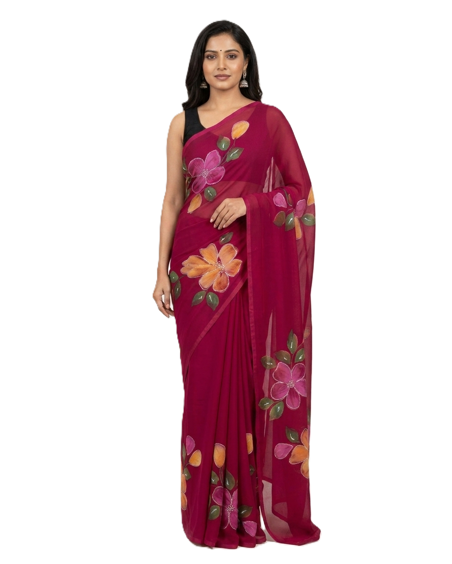 Floral Handmade Madhubani Painting Saree with Blouse  – Traditional Mithila Art Saree for Women