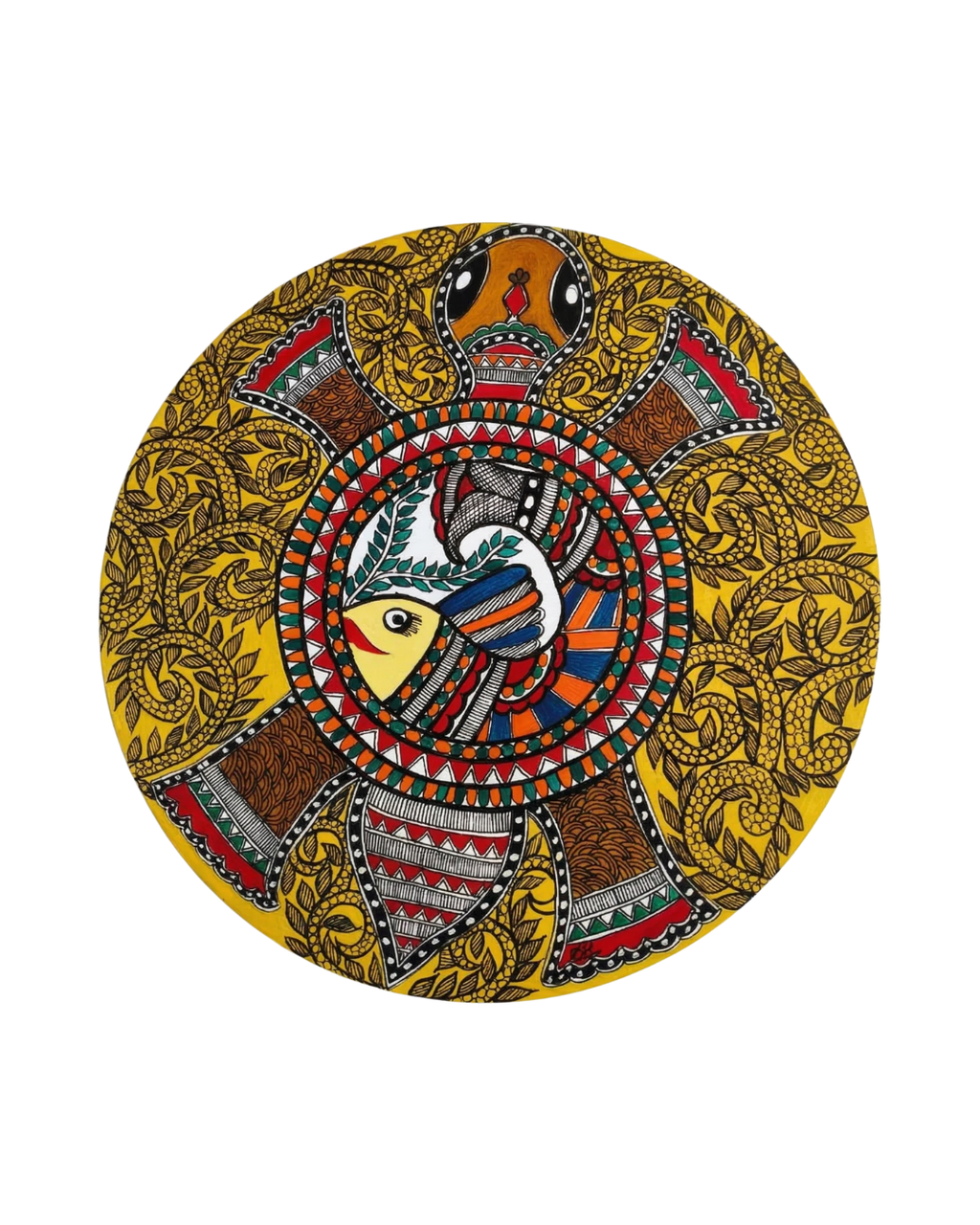 Kurma (Tortoise) with Fish & Floral motifs Madhubani Wall Art | 14 Inch MDF Board