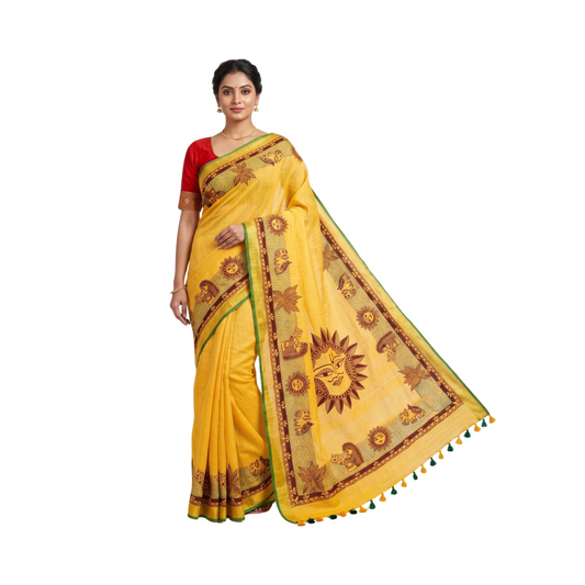 Sunshine Yellow Handmade Madhubani Painting Saree