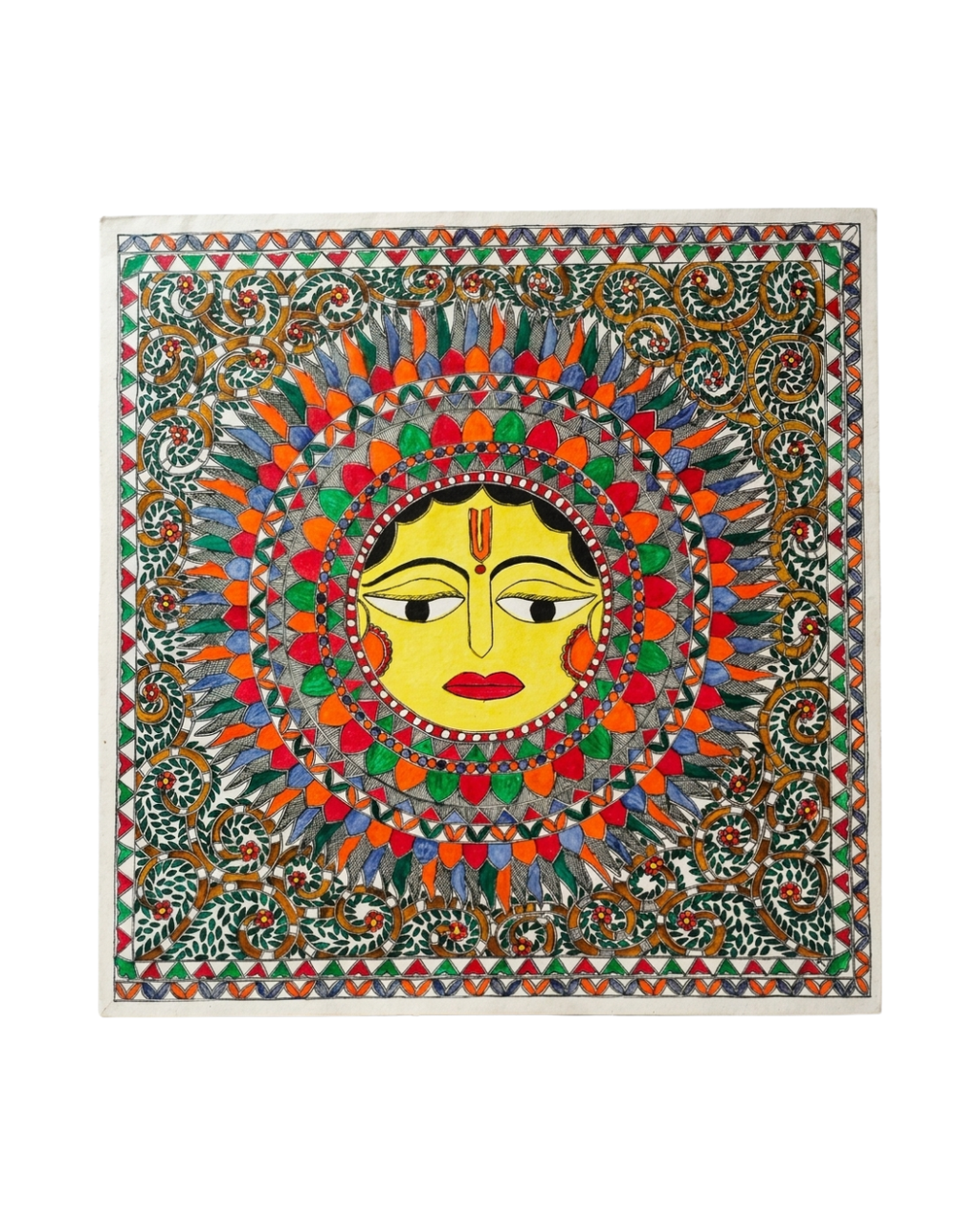 Lord Sun Madhubani Painting - Handmade Traditional Wall Art