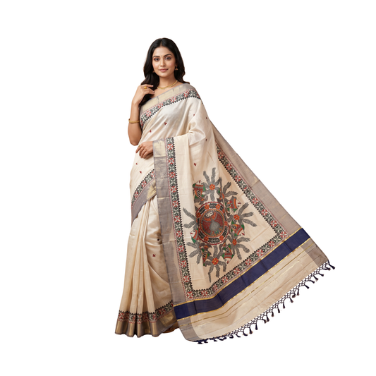 Light Cream Handmade Madhubani Painting Saree for Women