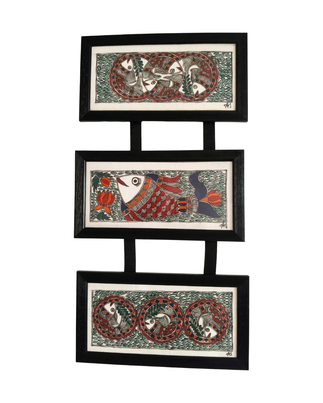 Fish Raas Madhubani Triple Frame Wall Hanging – Handmade Decor