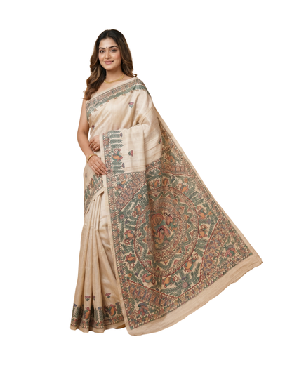 Light Cream Handmade Madhubani Painting Saree for Women