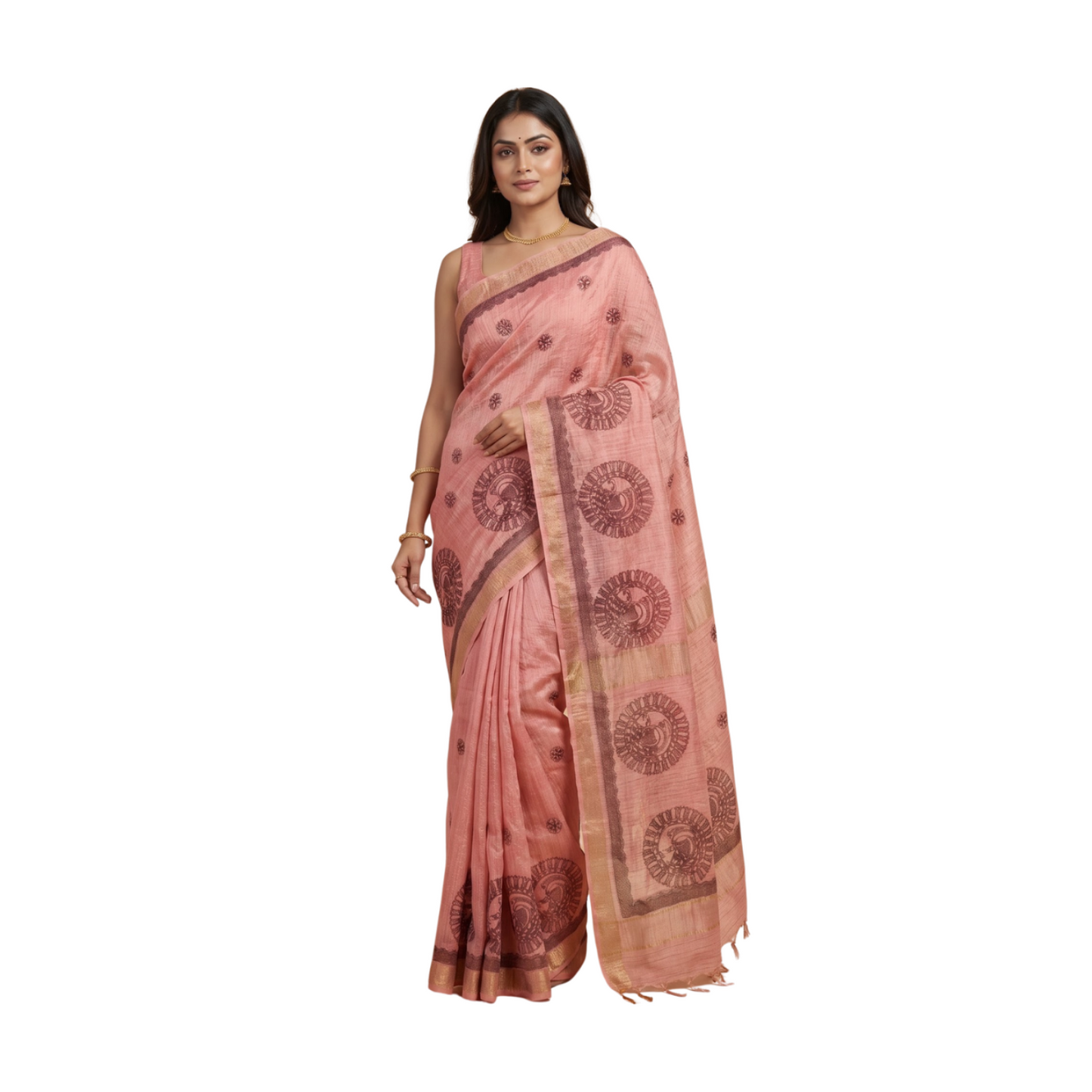 Onion Pink Handmade Madhubani Painting Saree with Blouse