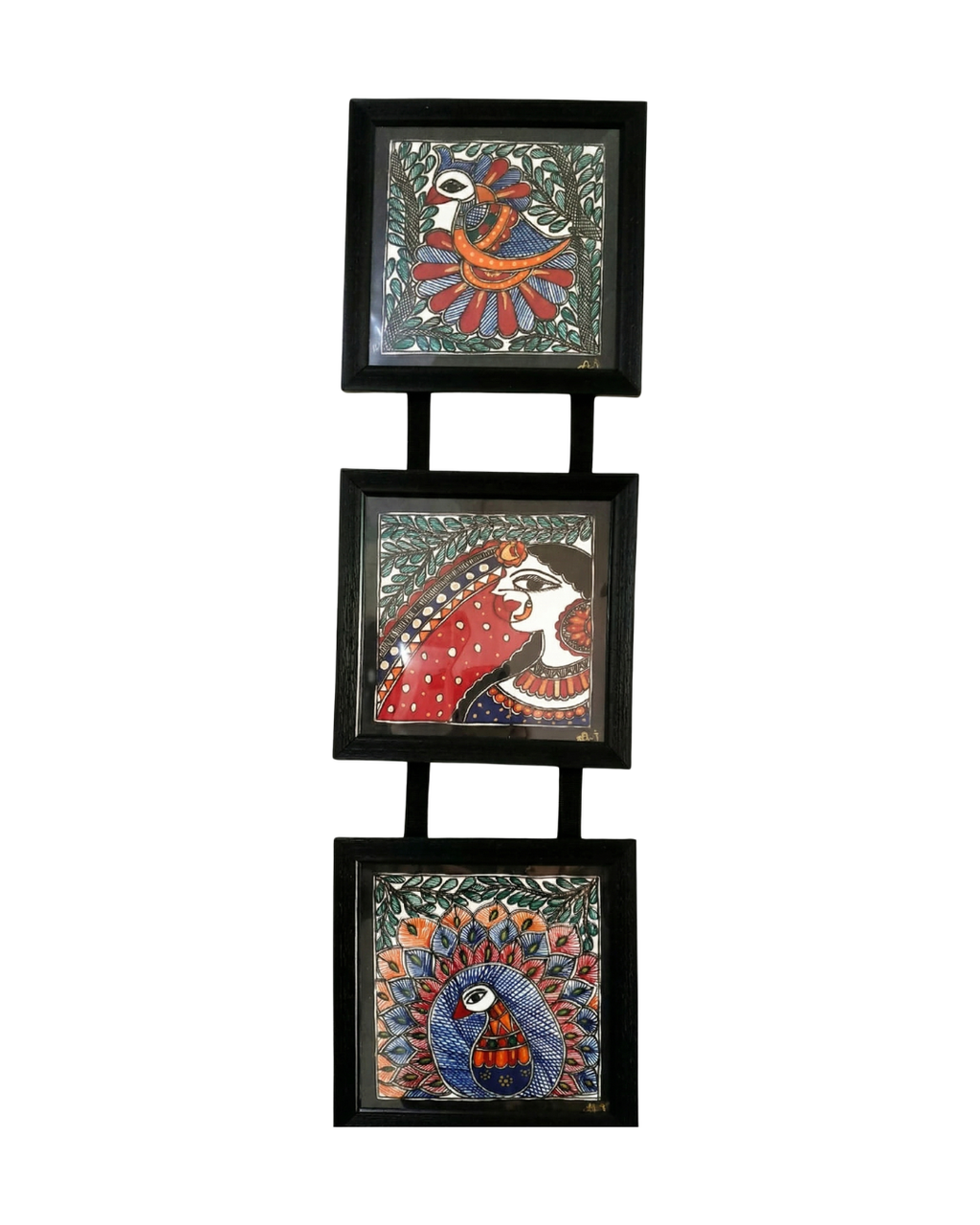 Peacock & Woman Madhubani Painting Triple Frame (7x8 Inch) | Wall Hanging Decor