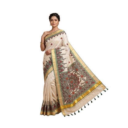 Light Cream Handmade Madhubani Painting Saree for Women