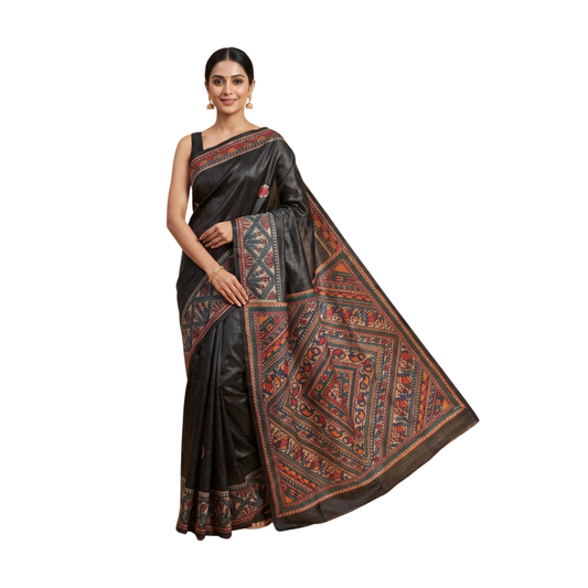 Black Handmade Madhubani Painting Saree with Blouse