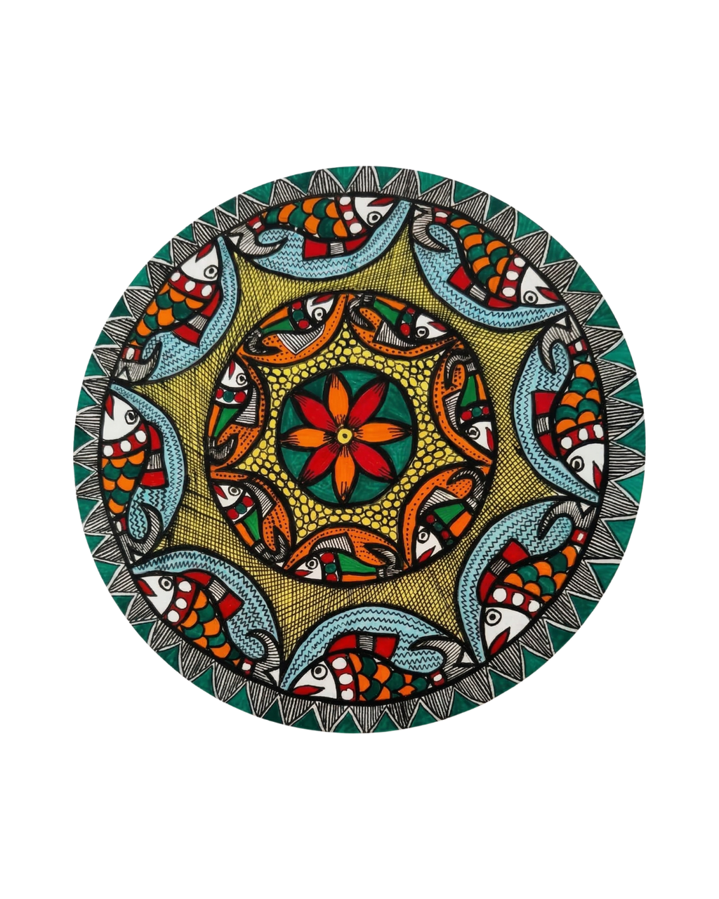 Fish & Lotus Mandala Madhubani Wall Art | 12 Inch MDF Board