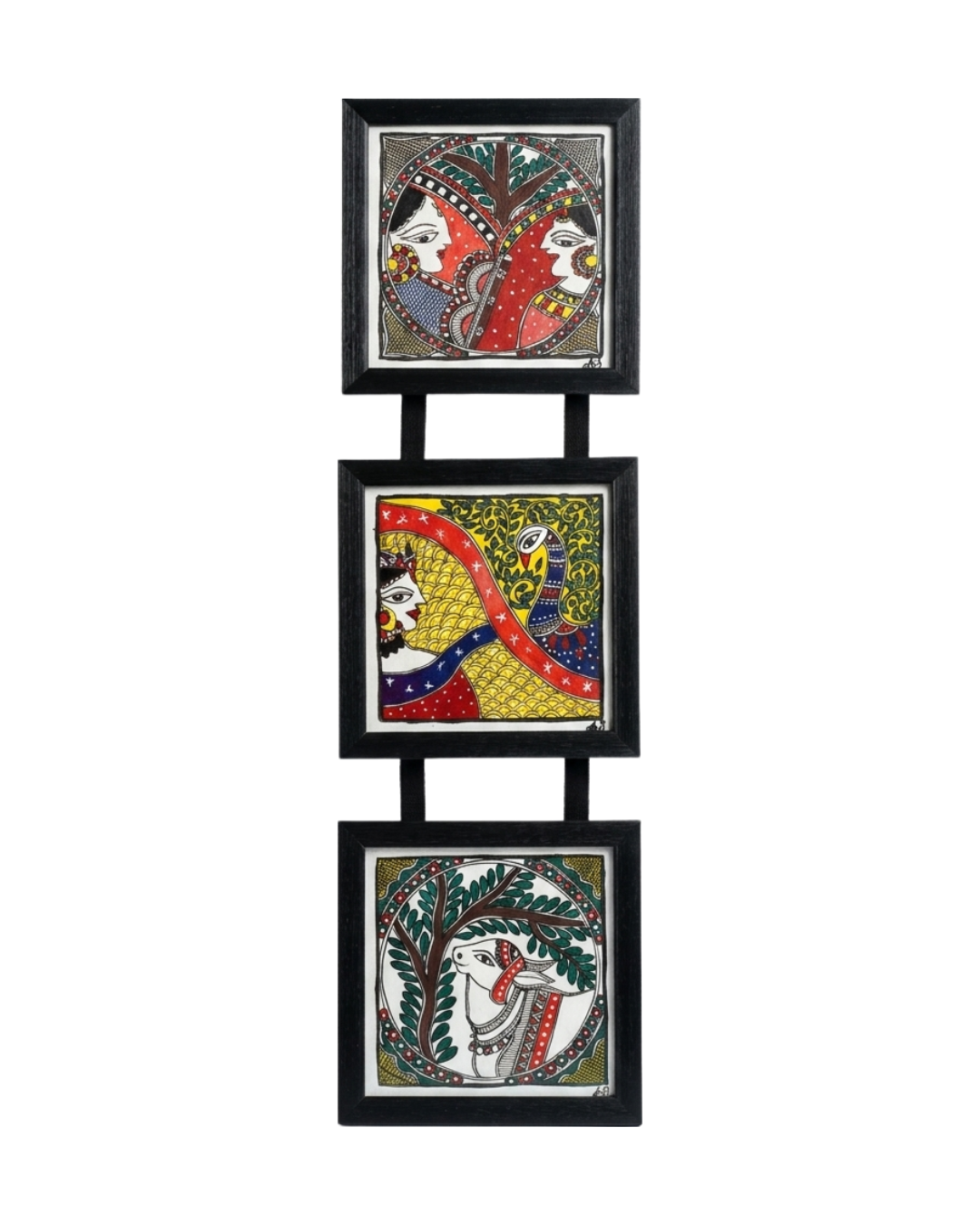 Handmade Krishna & Radha Madhubani Painting Triple Frame Wall Hanging – Traditional Mithila Art Decor