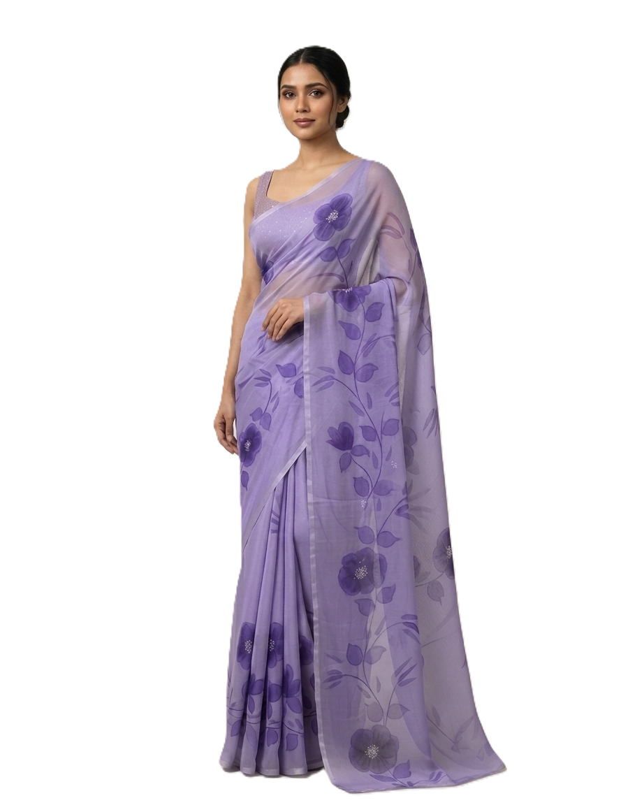 Lavender Floral Handmade Madhubani Painting Saree with Blouse – Handcrafted Mithila Art