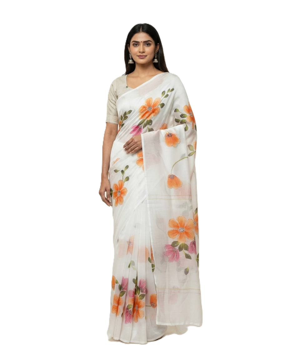 Floral Handmade Madhubani Painting Saree with Blouse  | Hand-Painted Mithila Art Saree for Women