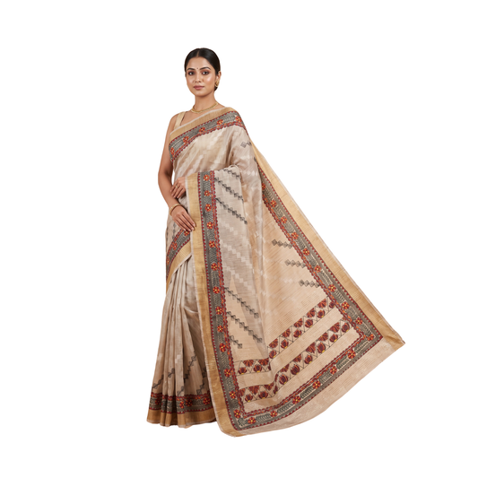 Light Greyish Beige Handmade Madhubani Painting Saree