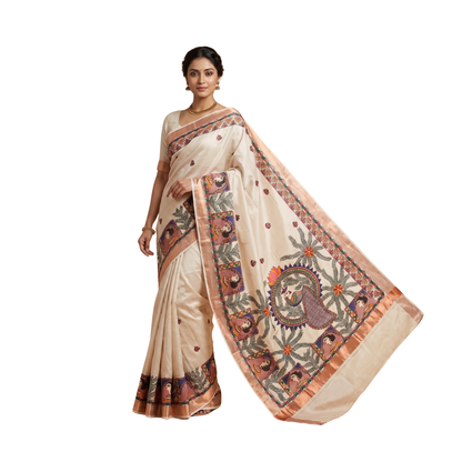 Light Beige Handmade Madhubani Painting Saree