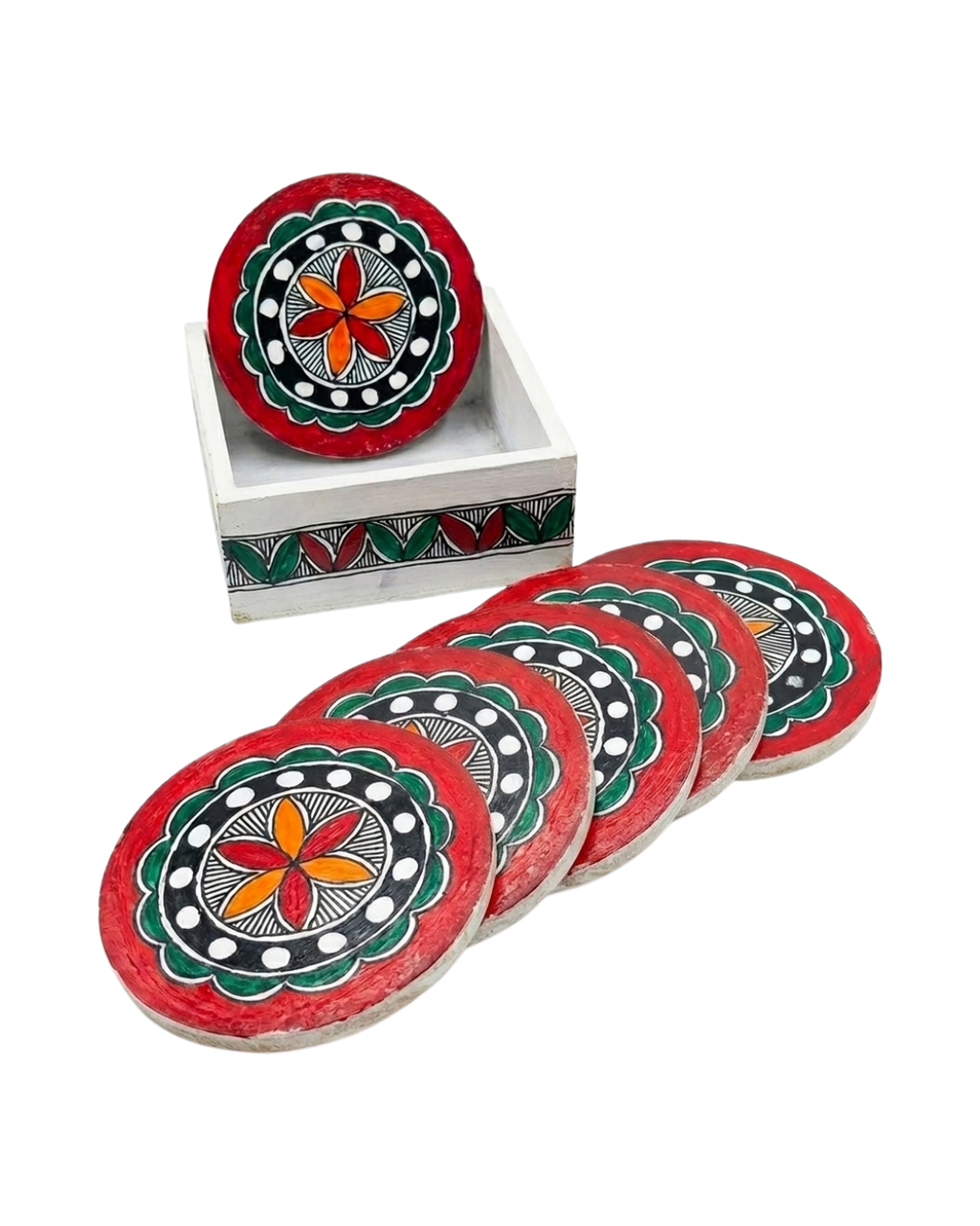 Handmade Rangoli Design Coaster Set Madhubani Painting with Stand | Set of 6 Tea Coasters