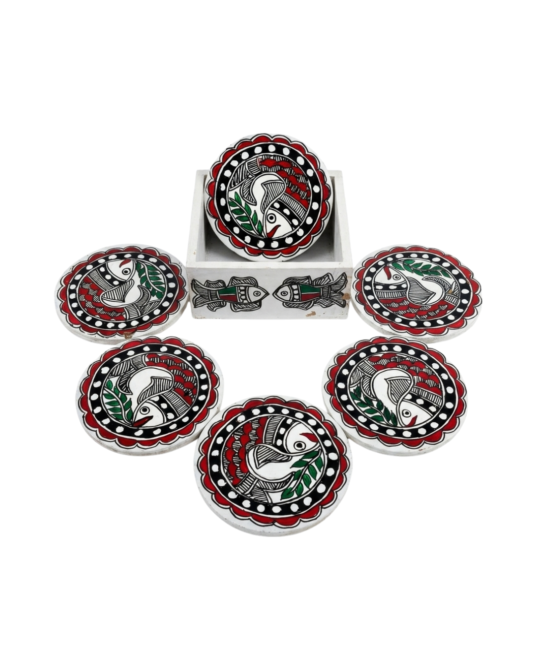 Handmade Fish Design Madhubani Coaster Set with Stand | Tea Coasters Set of 6