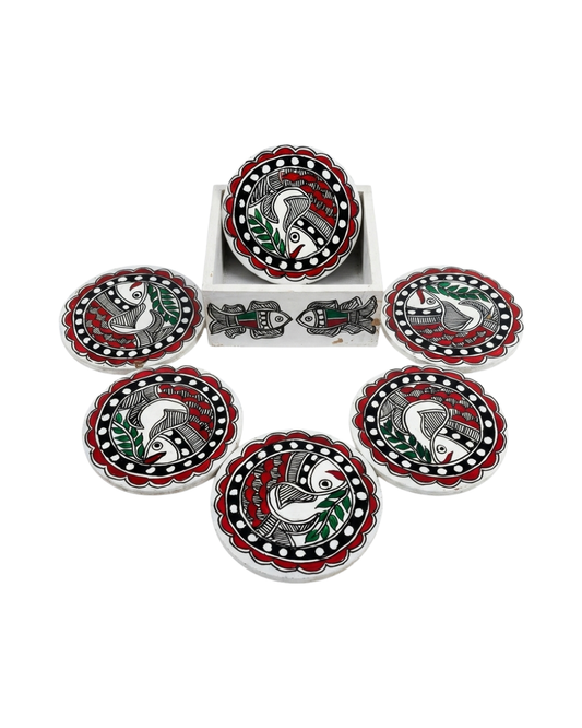 Handmade Fish Design Madhubani Coaster Set with Stand
