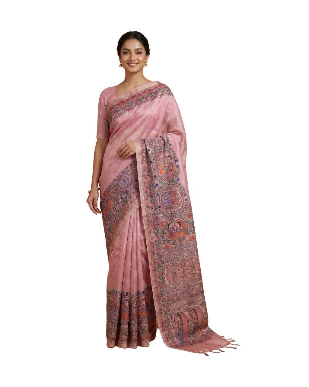 Baby Pink Handmade Madhubani Painting Saree with Blouse