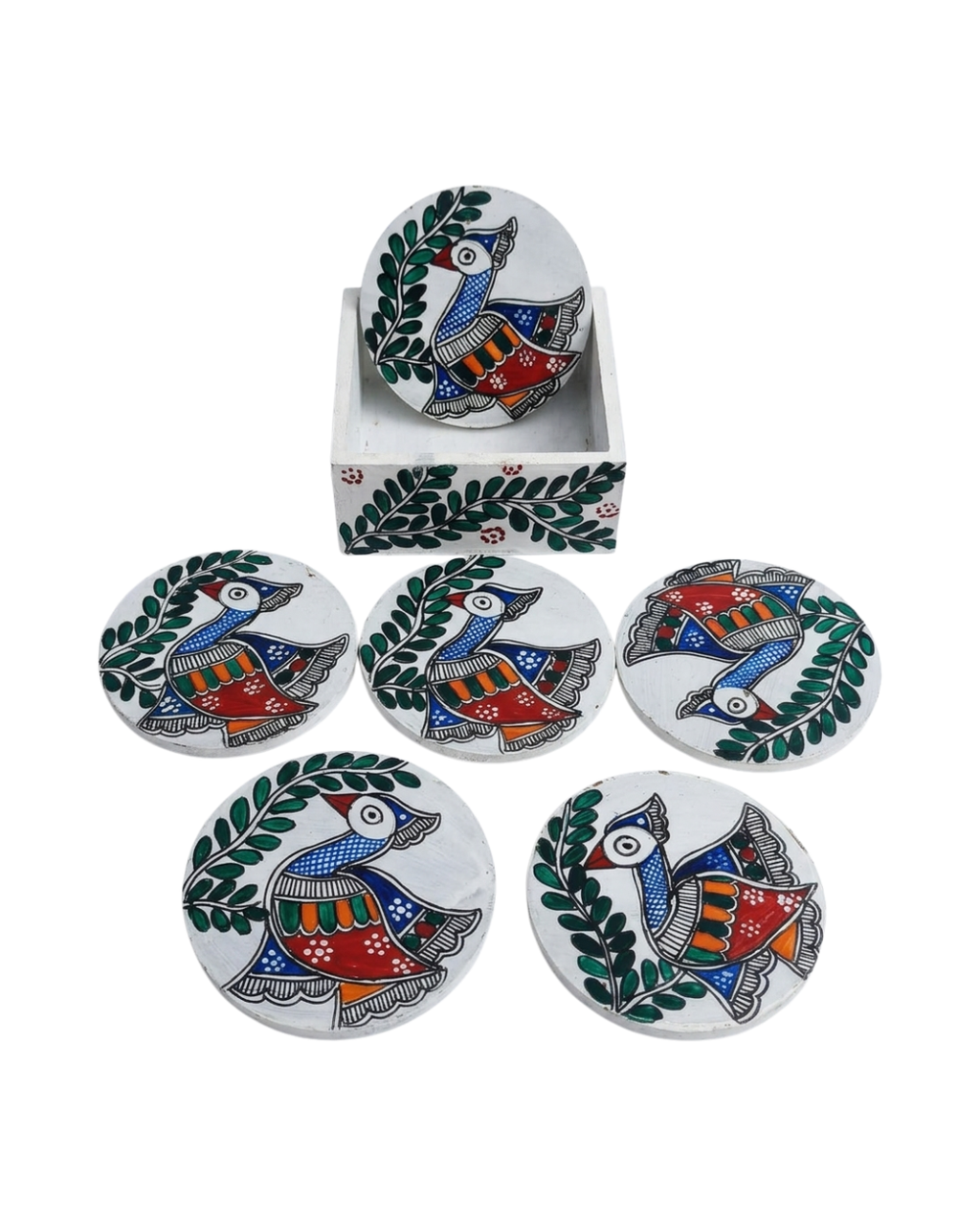 Handmade Peacock Design Coaster Set Madhubani Painting with Stand | Set of 6 Tea Coasters