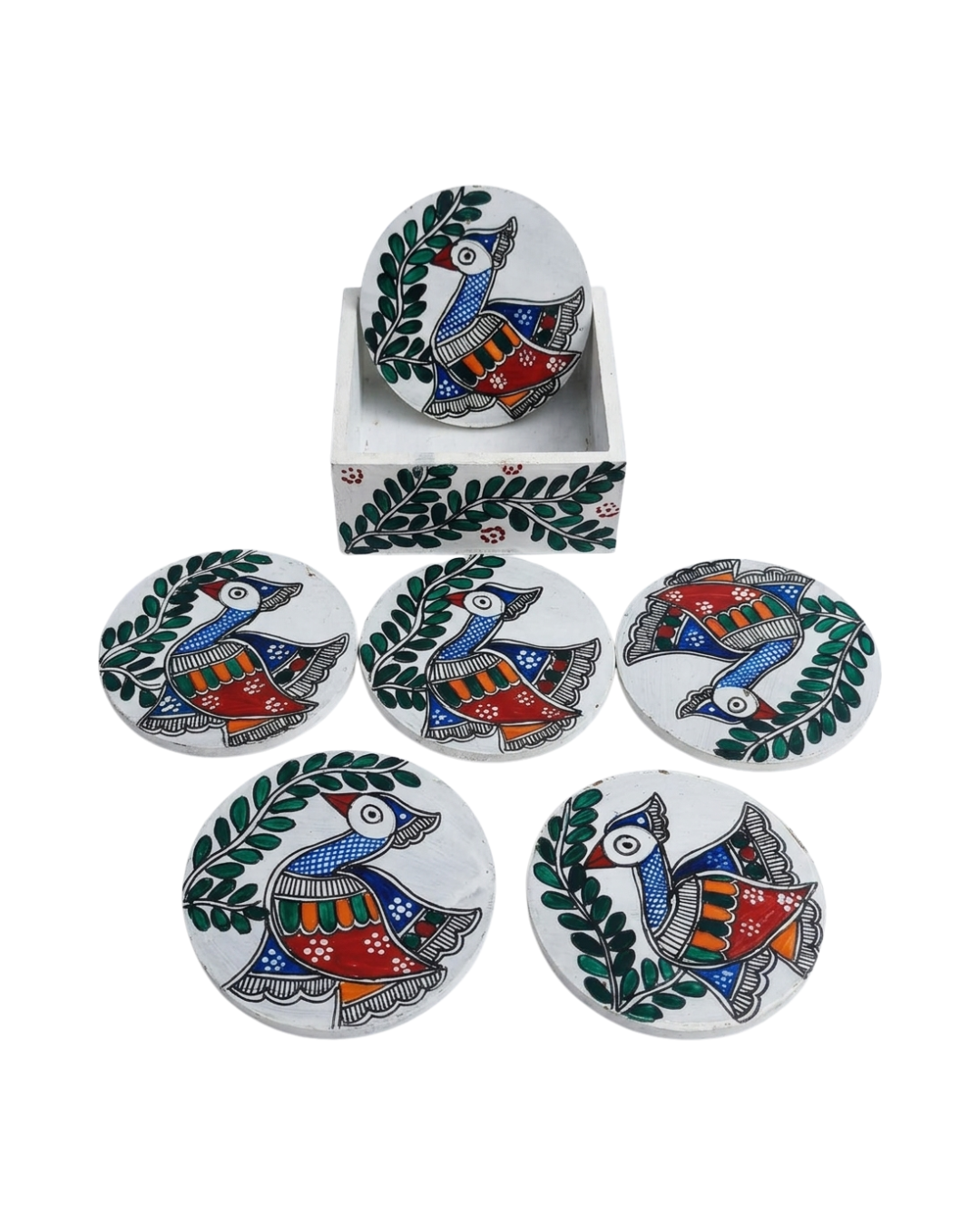 Handmade Peacock Design Coaster Set Madhubani Painting with Stand | Set of 6 Tea Coasters