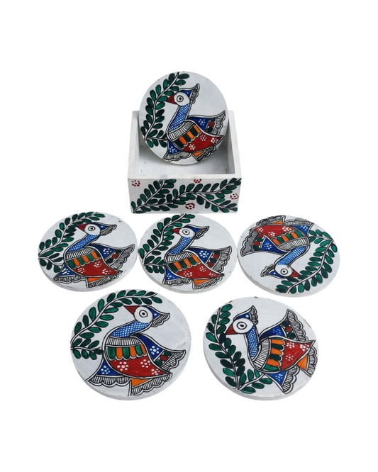 Handmade Peacock Madhubani Coaster Set with Stand