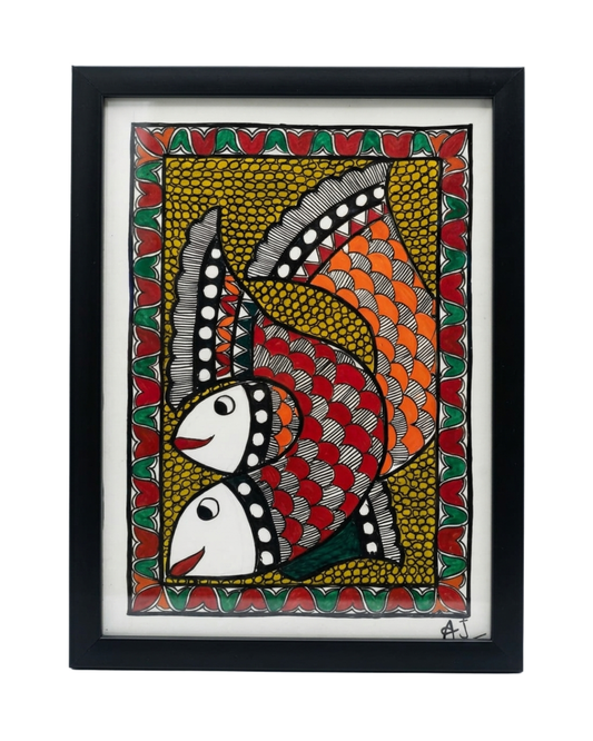 Handmade Fish Madhubani Painting Framed Wall Art Decor