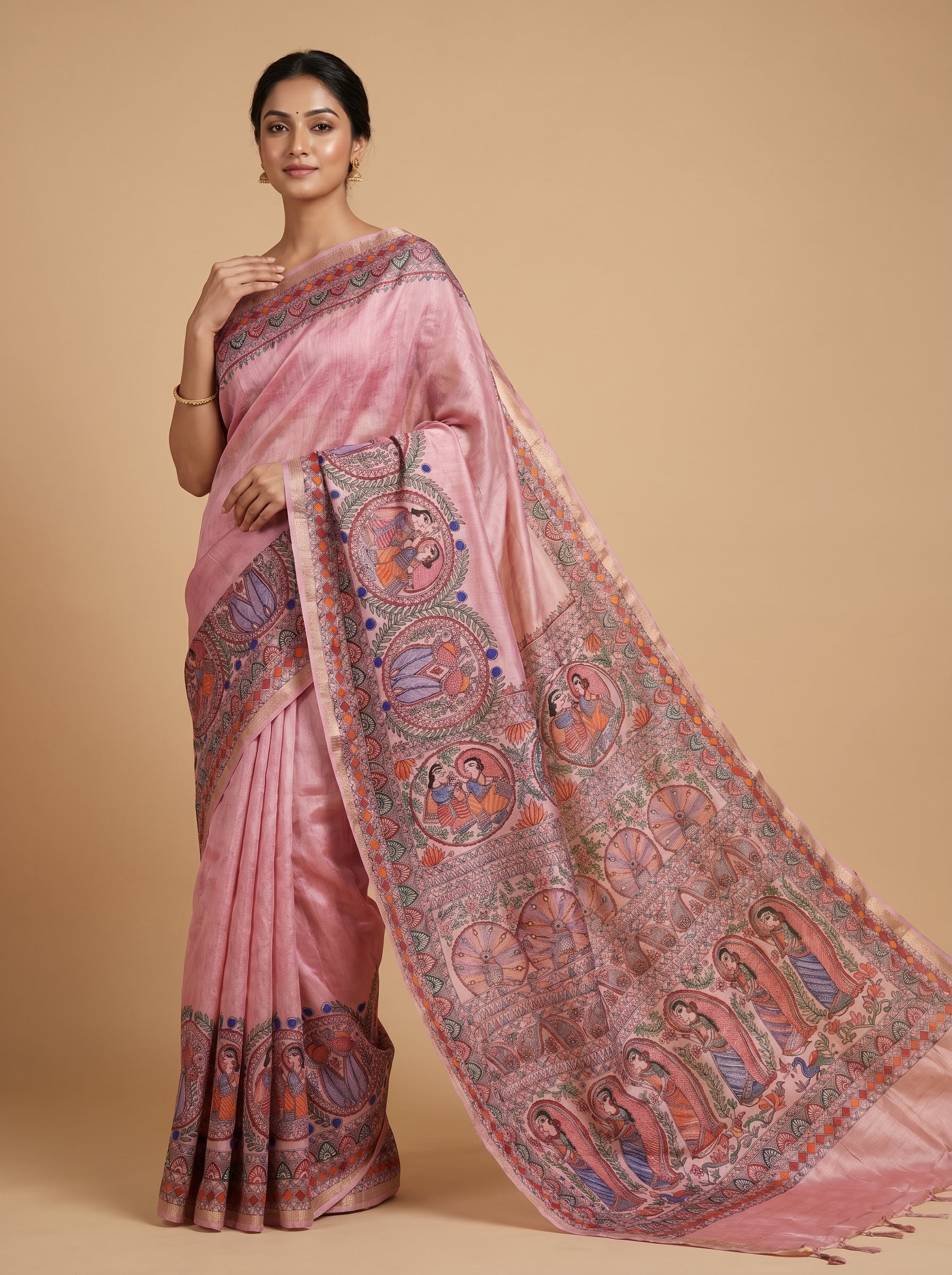 Baby Pink Handmade Madhubani Painting Saree with Blouse