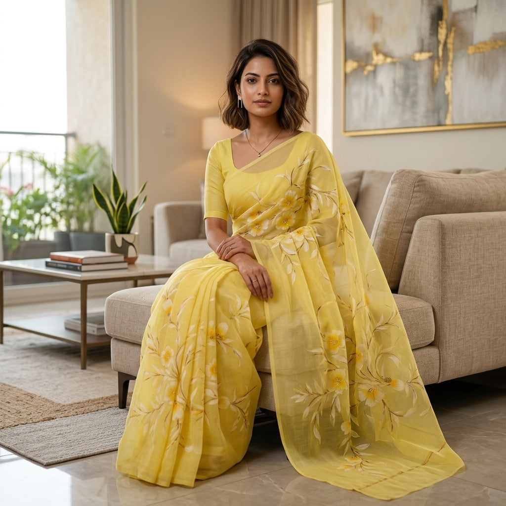 Light Yellow Floral Handmade Madhubani Painting Saree with Blouse