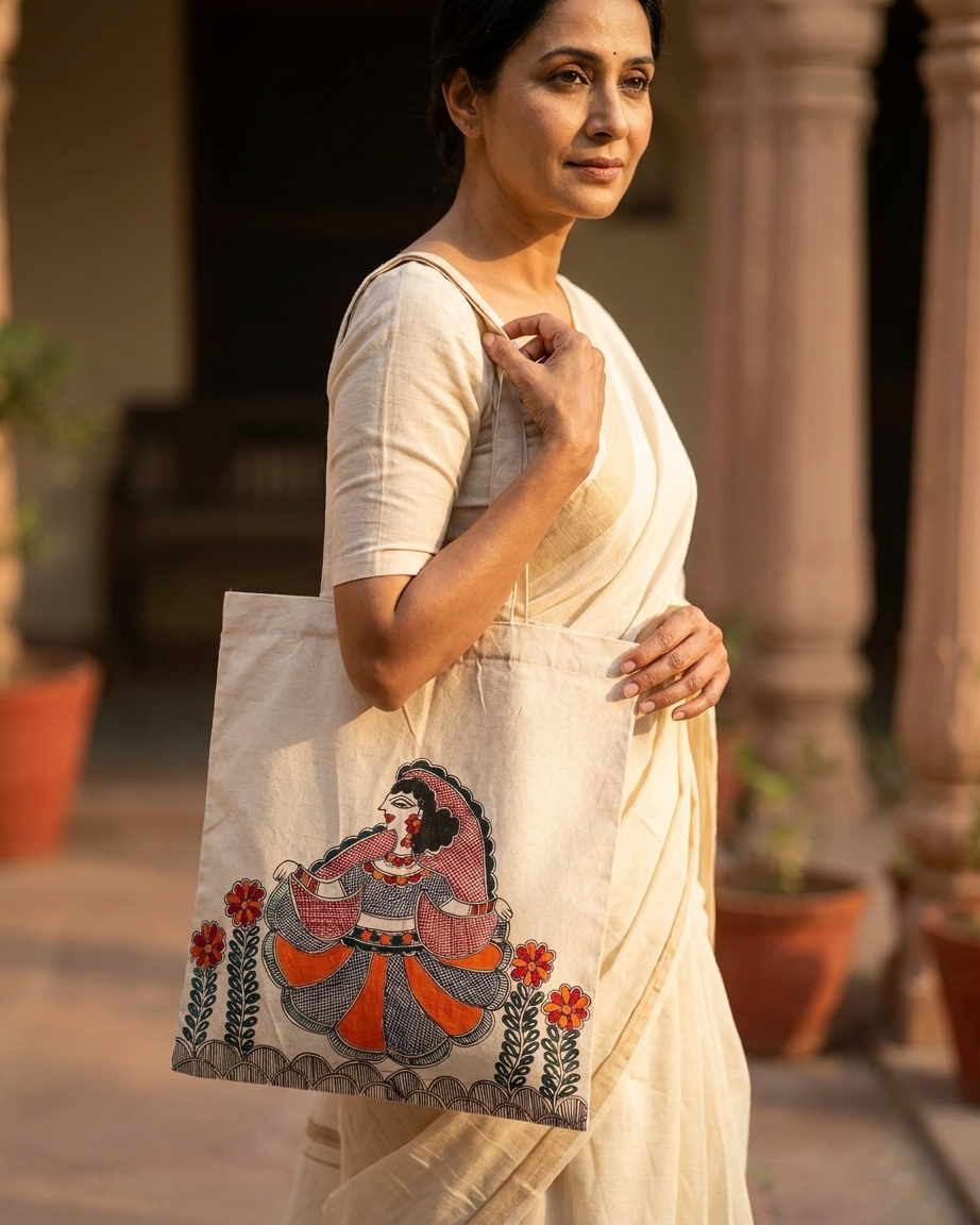 Madhubani Painting Tote Bag – Hand-Painted Ethnic Tote for Everyday Use