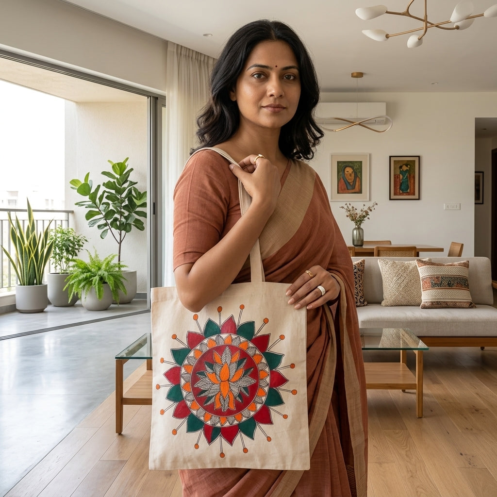 Hand-Painted Madhubani Painting Tote Bag | Ethnic Shoulder Bag