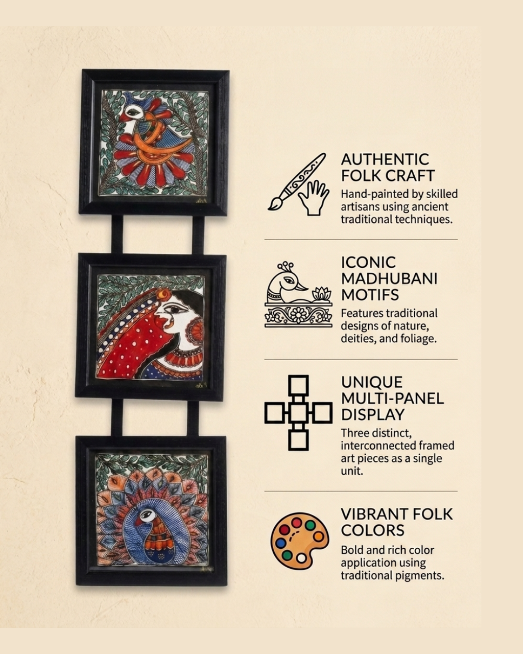 Peacock & Woman Madhubani Painting Triple Frame (7x8 Inch) | Wall Hanging Decor