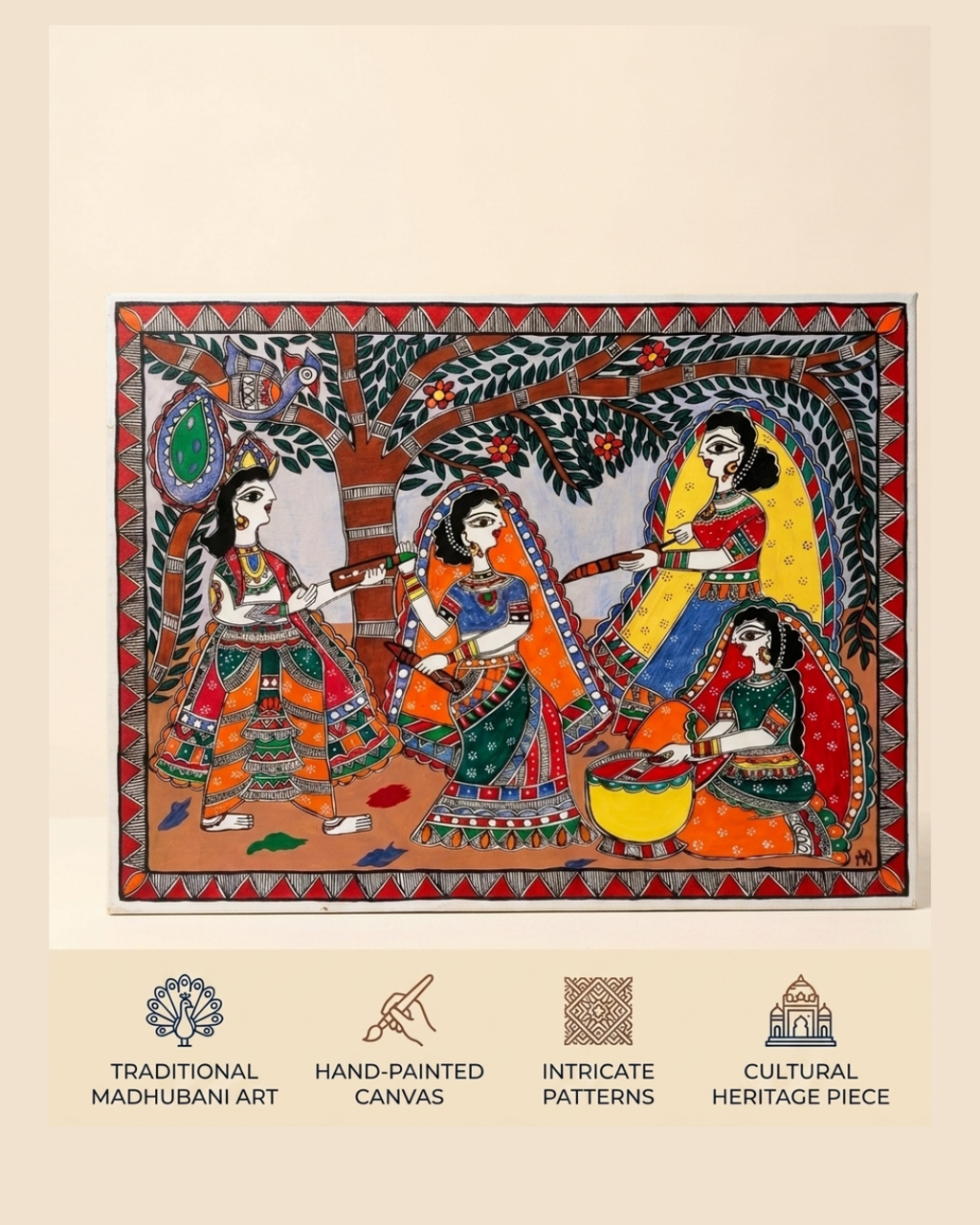 Krishna & Radha Holi Festival Madhubani Painting - Handmade Wall Art