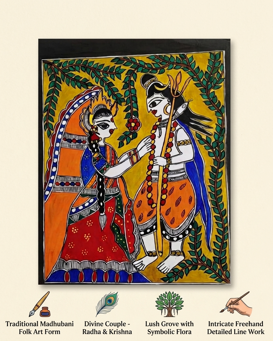 Shiv Parvati Madhubani Painting Handmade Paper Wall Art Without Frame
